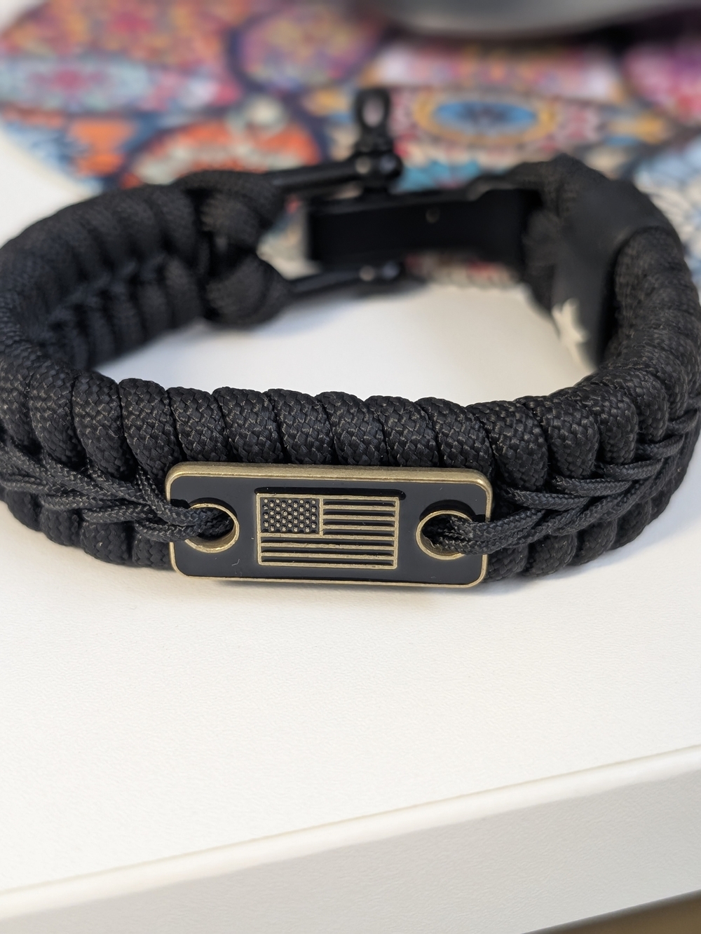 Black Paracord Bracelet with American Flag Accent